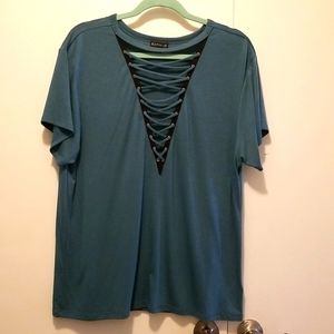 Express turquoise deep V neck tee